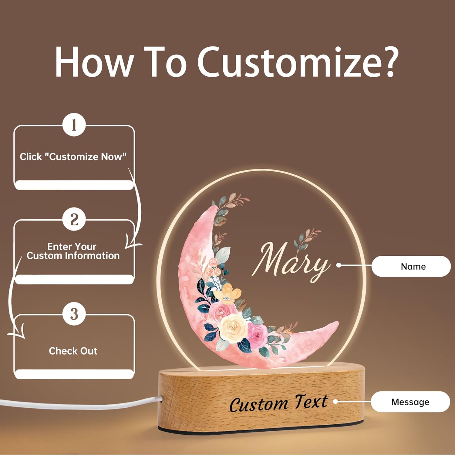 7 Geeft Personalized Baby Gifts for Kids, Custom Name LED Night Light, Flower Moon Acrylic Plaque Lamp for Girl's Room Nursery Decor, Perfect Baby Shower Christmas Newborn Gifts for Toddler Girls