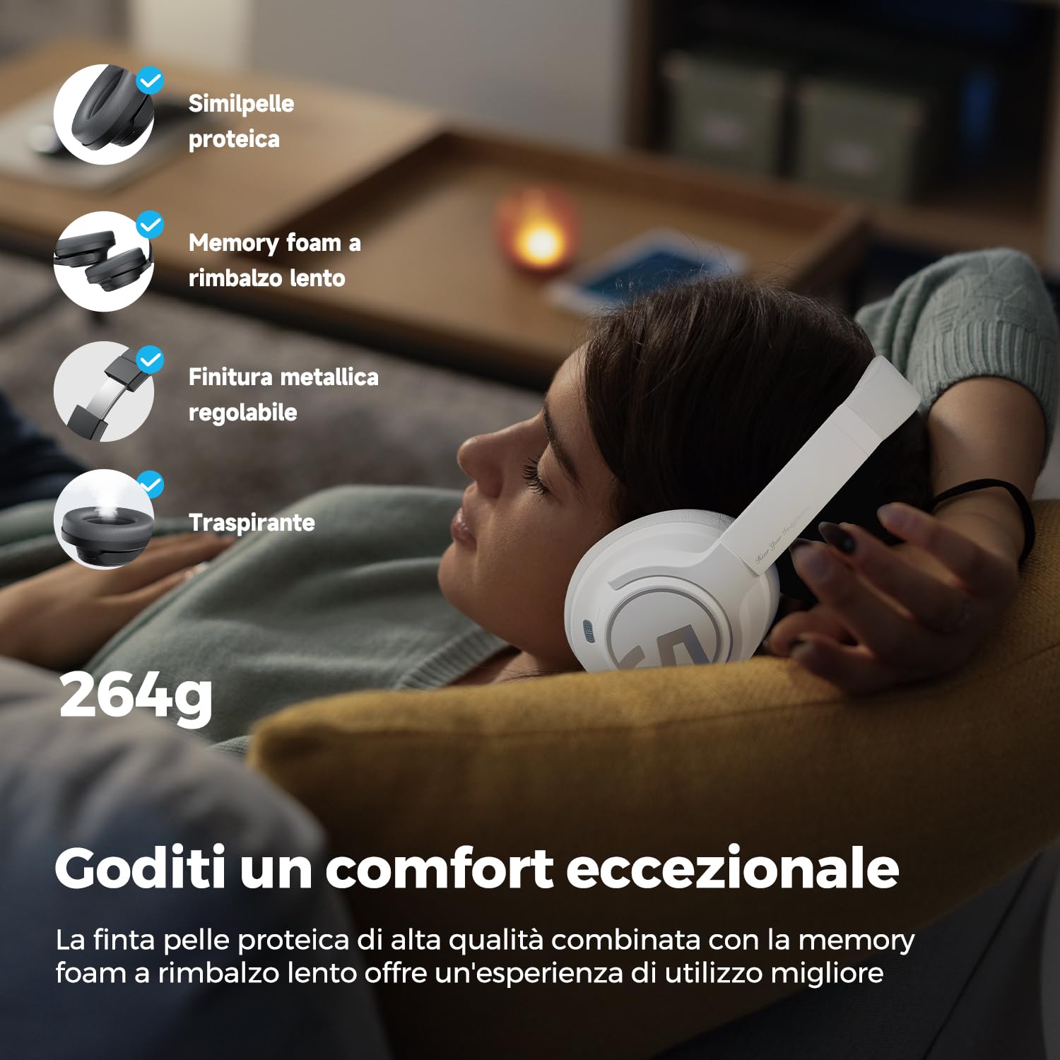 SoundPEATS Space Cuffie Bluetooth 5.3 Over-Ear, Archetto Pieghevole, ANC Ibrido 35 dB, Driver 40mm, ENC per Chiamate, Multipoint, 123 Ore Autonomia Ricarica Rapida | · ENC cancellazione rumore per chiamate · Multipoint Bluetooth 5.3 · ricarica rapida 10mi
