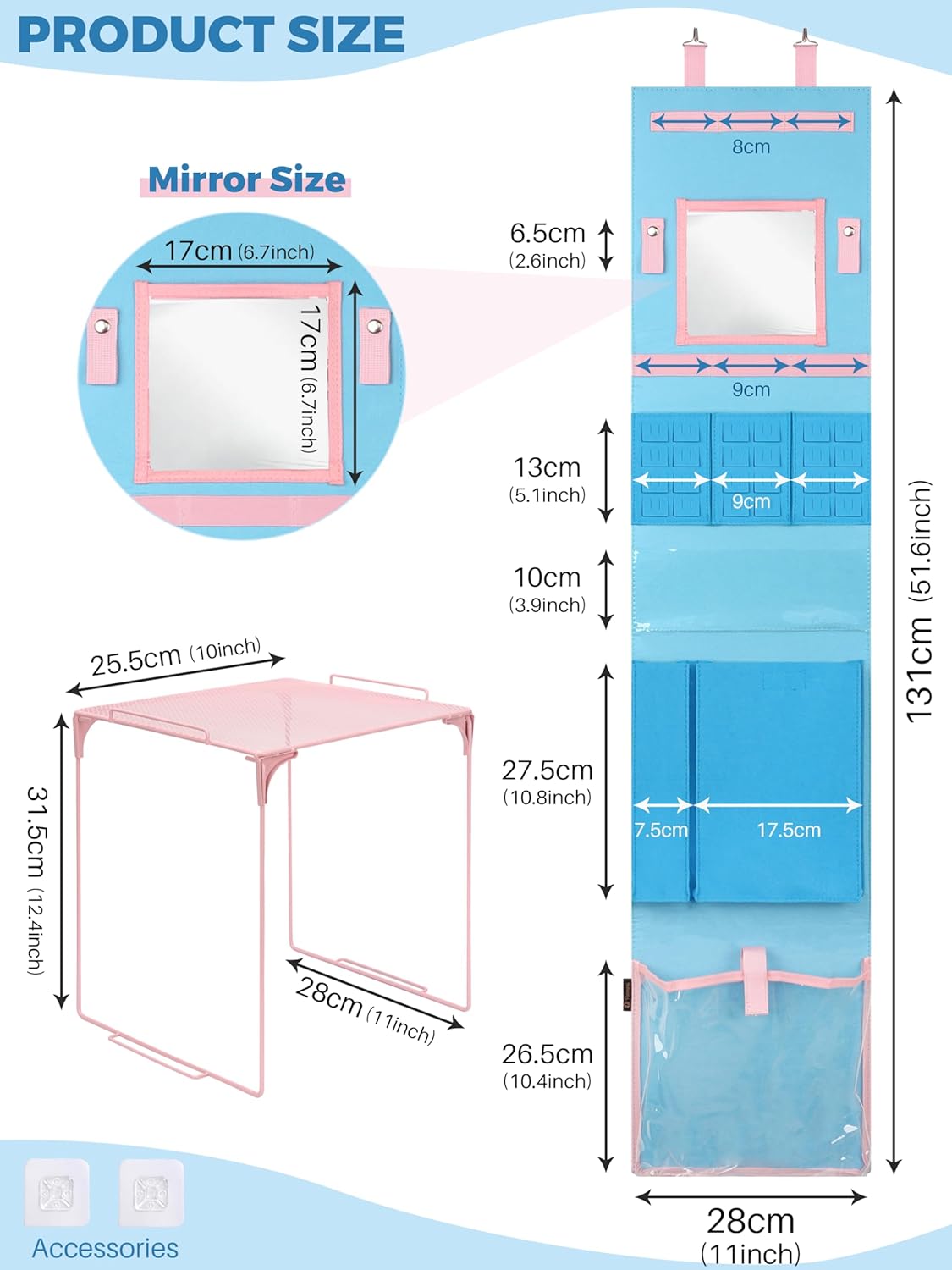 Locker Organizer Set with Locker Shelf, Back to Gym, Office, School Essentials Locker Decoration for Girls Boys (Blue + Pink Locker Shelf)