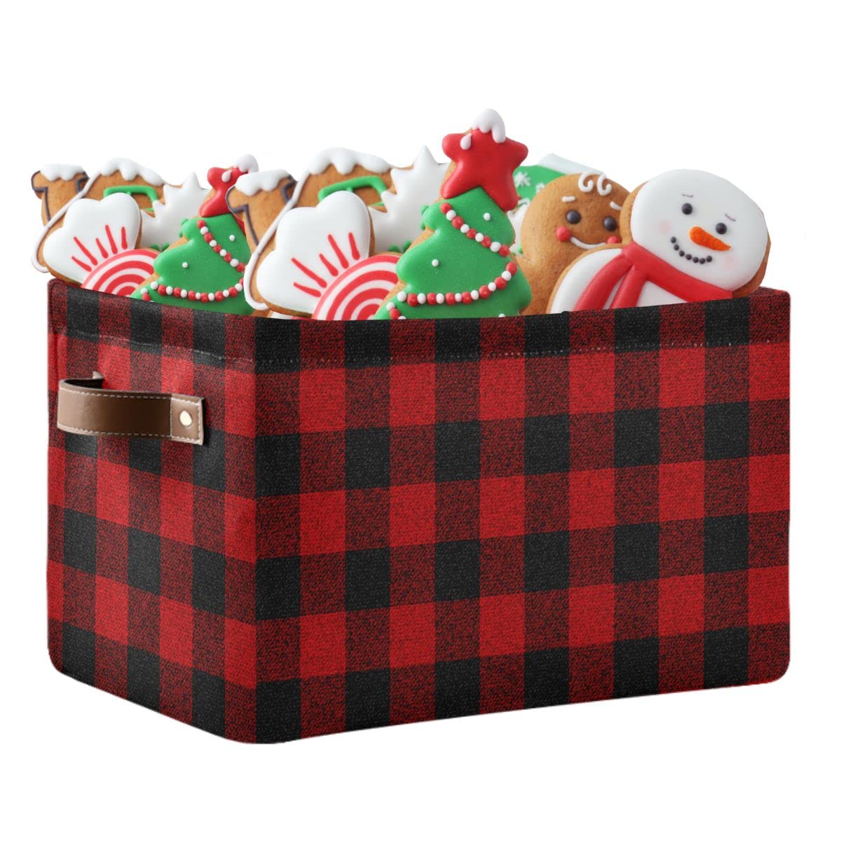ZOEO Large Storage Basket, Red Black Buffalo Plaid Foldable Storages Box Organizer Bins with Leather Handles for Shelves Closet Bedroom, Theme Party