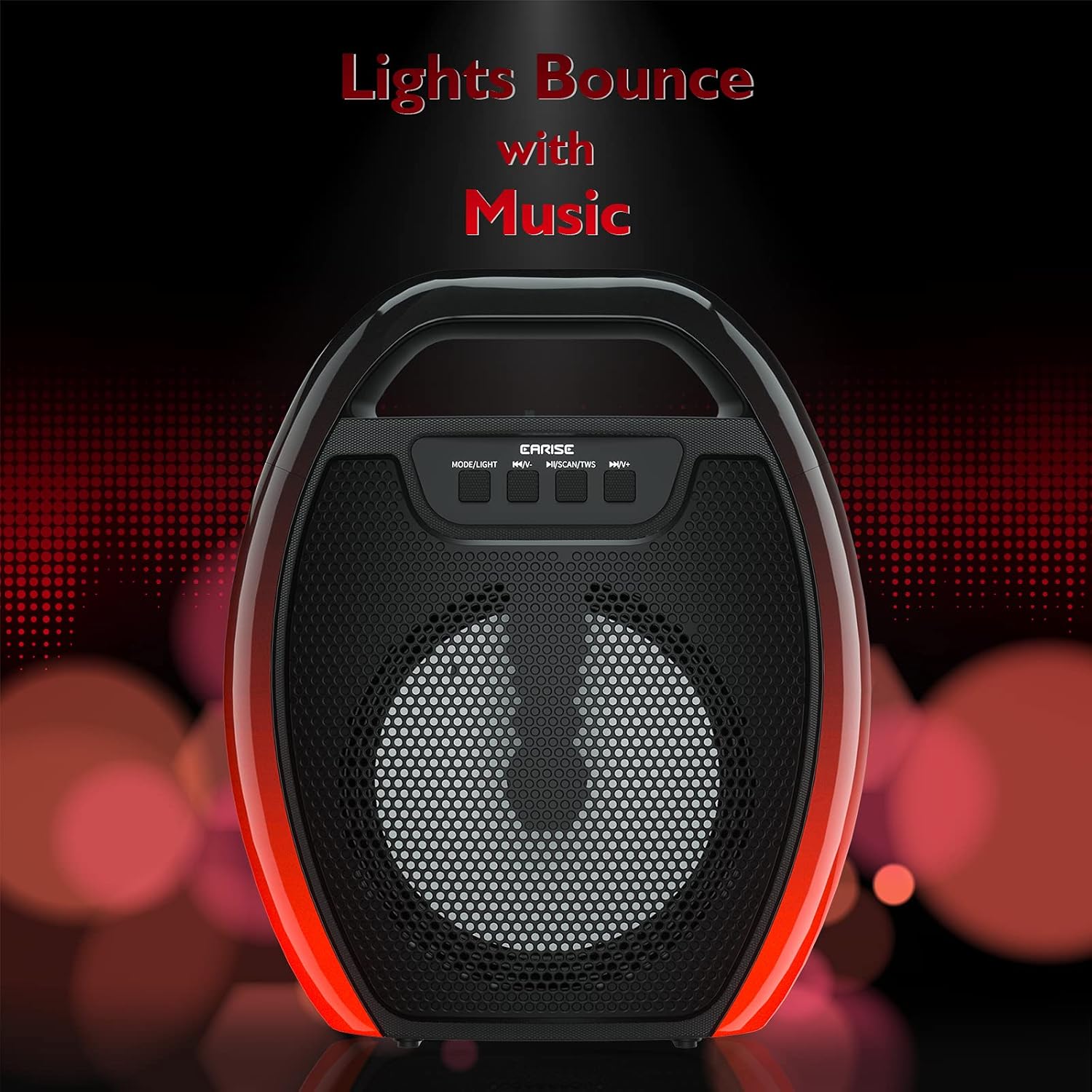 EARISE D61 Plus speaker with red ambient lighting, illustrating lights bouncing with music