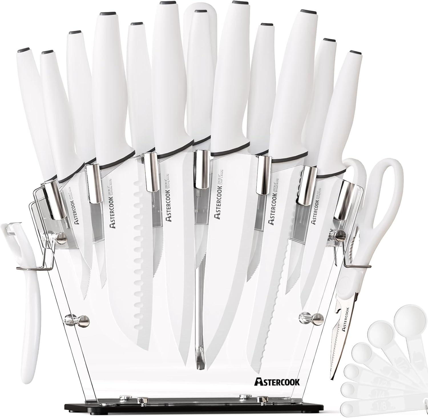 Astercook Knife Set with Block and Sharpener, 22 Piece Kitchen Knife Set Dishwasher Safe, Space-Saving Clear Knife Block with Knives for Everyday Home Cooking White