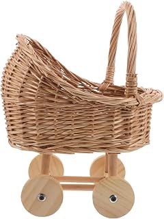 FRCOLOR Hand Woven Rattan Stroller, Wicker Baby Carriage for Baby Shower, Vintage Wicker Basket Flower Girl Baskets/Wedding Parties/Home Decoration/Flower Shop Display(13.77X10.43X7.48In)