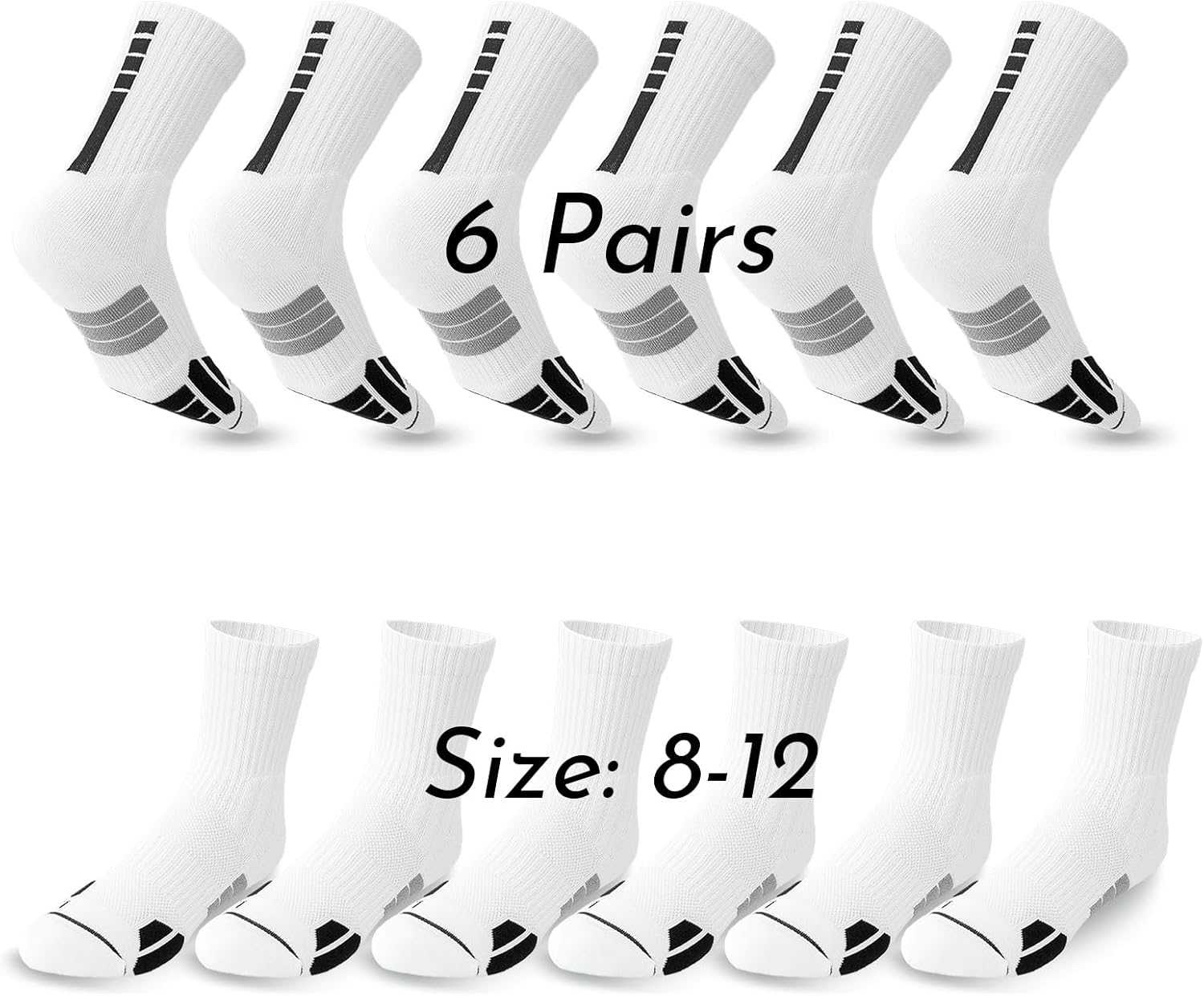 Men's Cushioned Crew Socks 6-Pack – Breathable Sports Socks for Running, Basketball & TennisEU 40-45 / UK 6-11 / US 7-12
