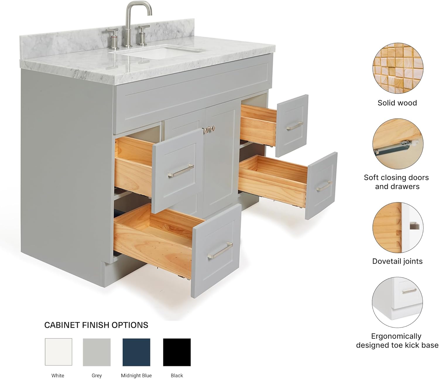 ARIEL Hamlet 48-inch Bathroom Vanity with Sink,Solid Wood, 1.5-inch Italian Carrara Marble Countertop & Backsplash, Single Rectangular Porcelain Sink, 2 Soft Closing Doors, 4 Dovetail Drawers, Grey
