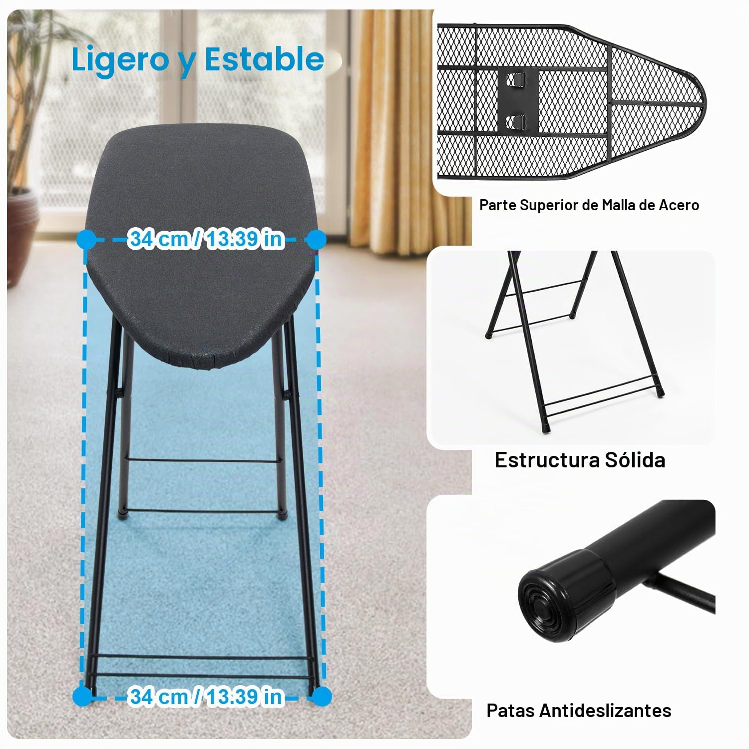 Duwee Tabla de Planchar de Altura Ajustable, Cubierta Resistente al Calor con Almohadilla de Fieltro Gruesa, compacta y fácil Almacenamiento,33 x 89 cm，Negro | Tabla de planchar pequeña con gancho para colgar, tabla de hierro con cubierta resistente al ca