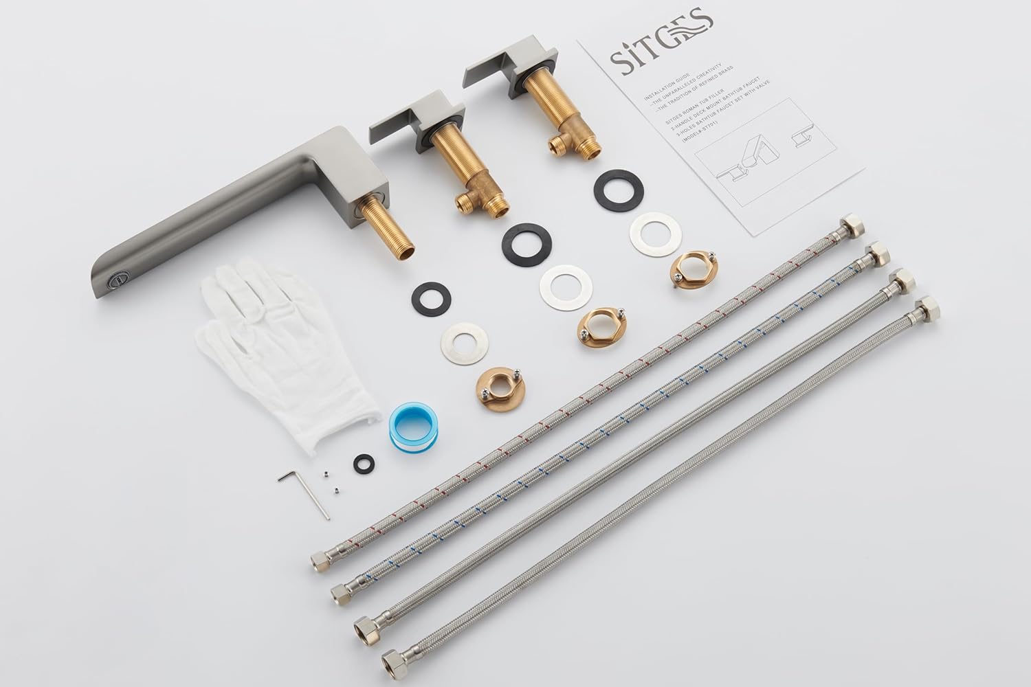 SITGES Minimalist Square-Shaped Bathtub Faucet,2-Handle Widespread Roman Tub Faucet with 11-Inch Spout Reach,High-Flow Deck Mount Bath Faucet Set,Valve Included,Brushed Nickel