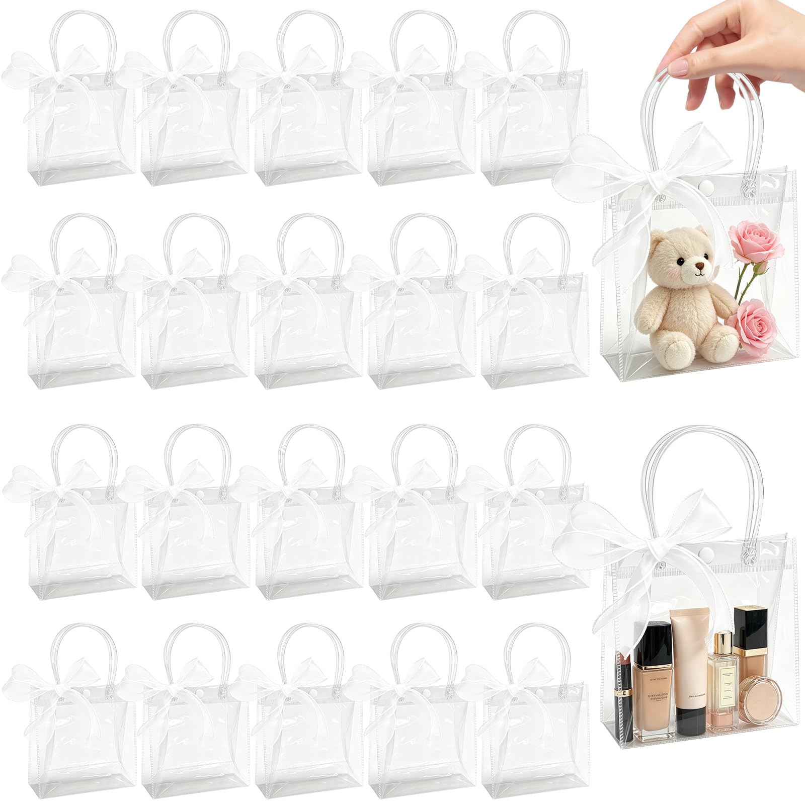 TaoQ C 20 PCS Transparent Party Favour Bags with Handles Clear Plastic Gift Bags Transparent PVC Goodie Bag for Birthdays Weddings Baby Showers Party Decorations