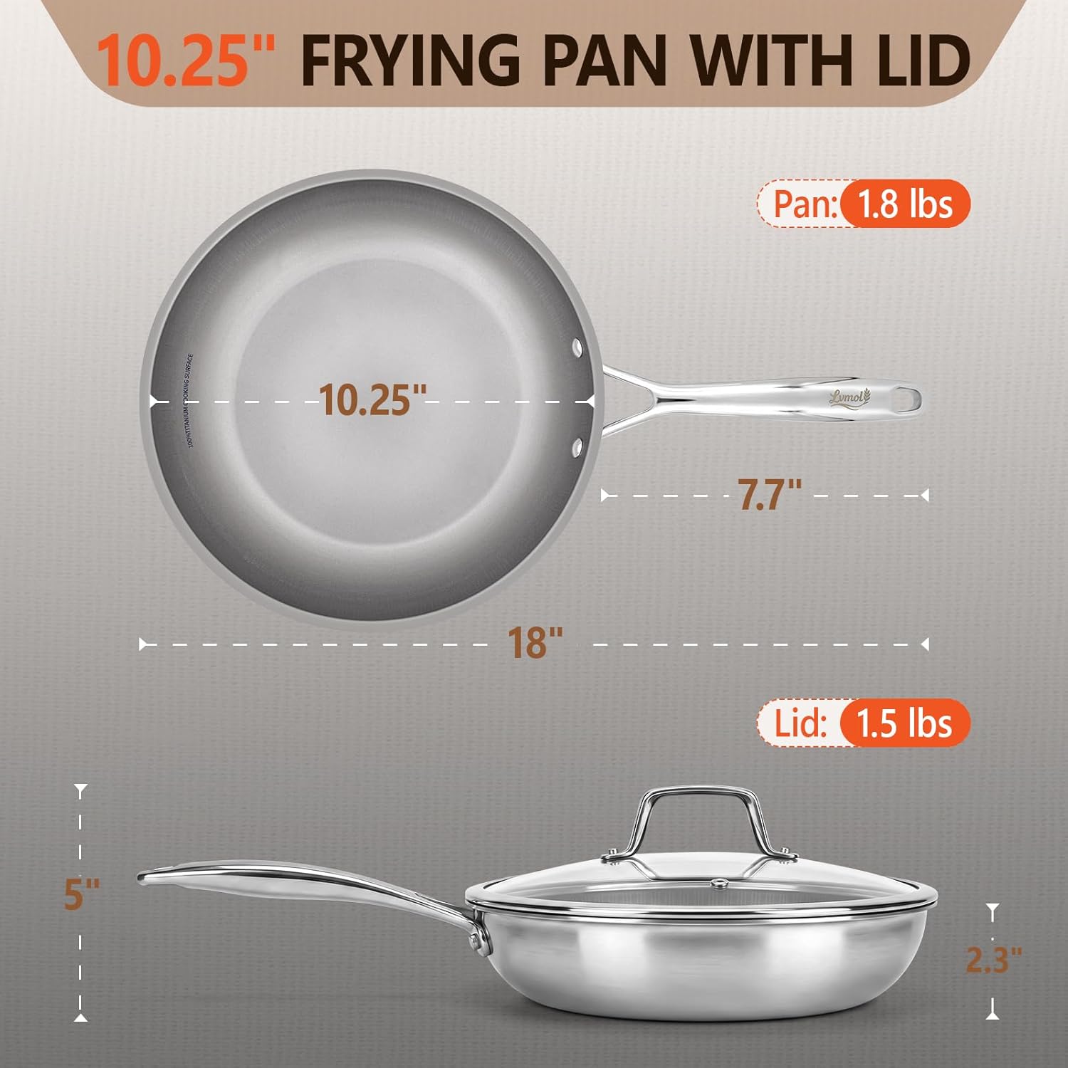 Titanium Frying Pan with Lid - 10.25" No Coating PFAS-Free Skillet, Tri-Ply Titanium & Stainless Steel, Induction & Dishwasher Safe