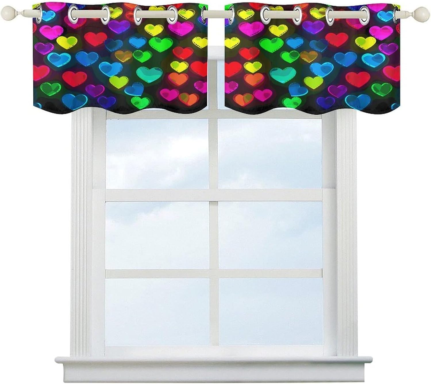 Rainbow Hearts 2 Pack Valance Curtains Window Treatments. Adjustable Curtain with Rod Pocket.Cafe Curtains is Half Curtains for Privacy Decorative 52x18.1 Inch.