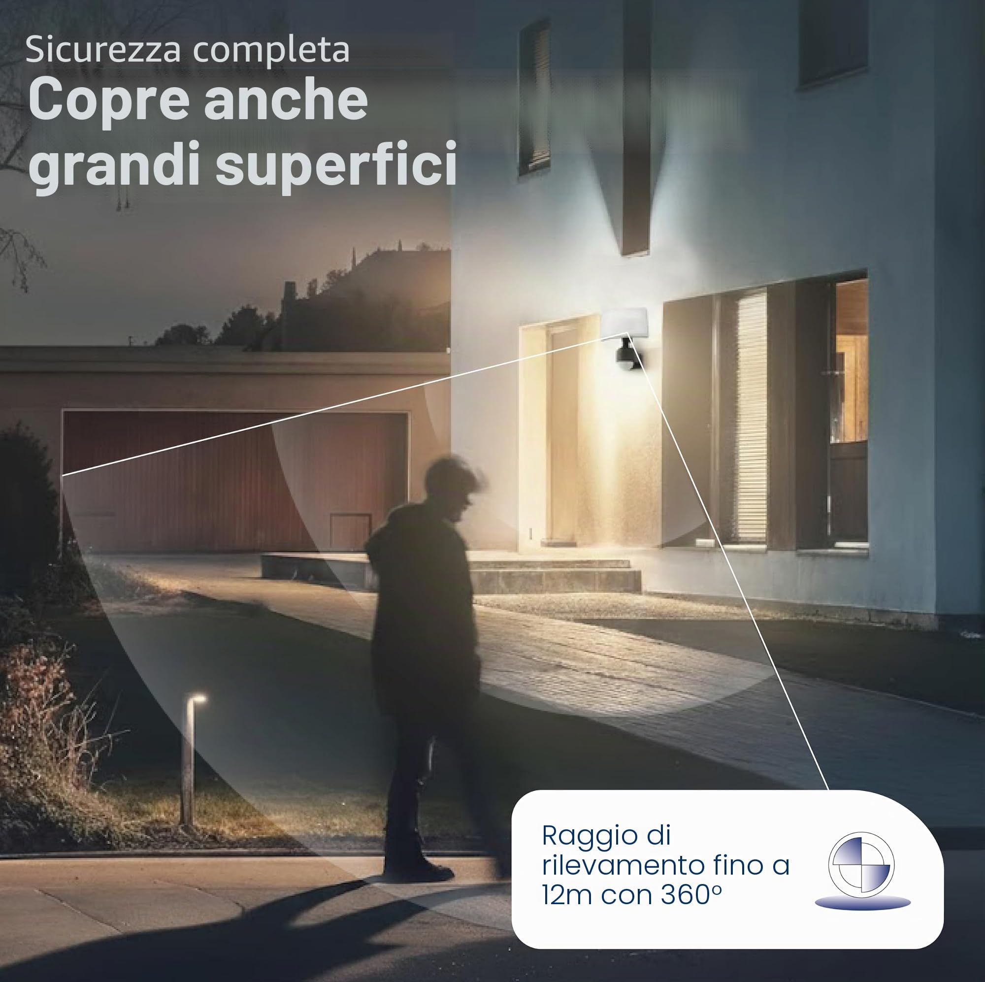 HUBER Faretto a LED con sensore di movimento 360° 20W, 1800lm I IP65 I faretto a LED per esterni, montaggio a parete/angolo, con protezione anti-flusso e limitazione della portata, antracite