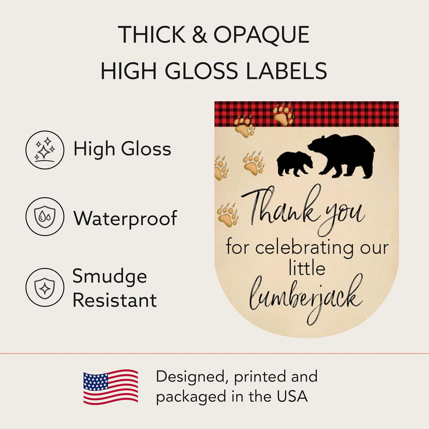 30 Pack 1 oz Mini Hand Sanitizer Labels Lumberjack Baby Shower Birthday – Little Lumberjack Thank You Favor Stickers, Waterproof Plaid Bear Woodland Party Favors S805-1