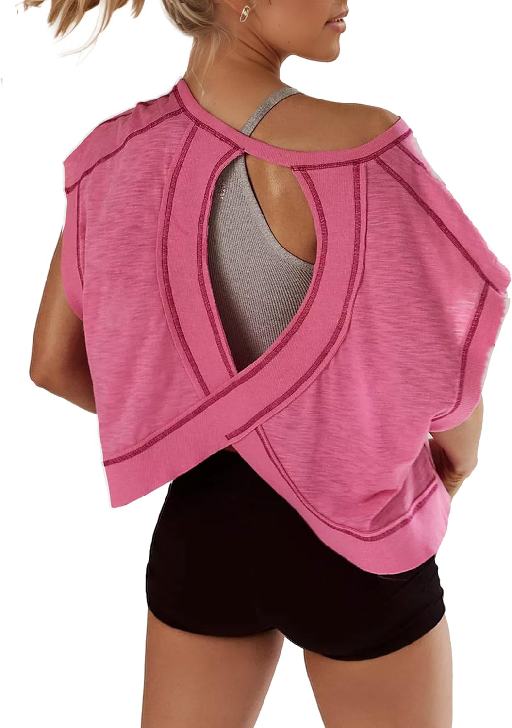 Fhniepan Open Back Tops for Women Oversized Short Sleeve Workout T Shirts Backless Y2k Athletic Crop Running Tees