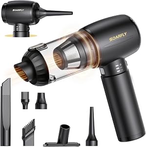 Car Vacuum Cleaner 25000PA Handheld Vacuum with LED, SOARFLY 4 in 1 Air Duster and Cordless Vacuum Cleaner Strong Cyclonic Suction Blowing Brushless Motor, for Pet Hair, Car, Home, Office, Kitchen