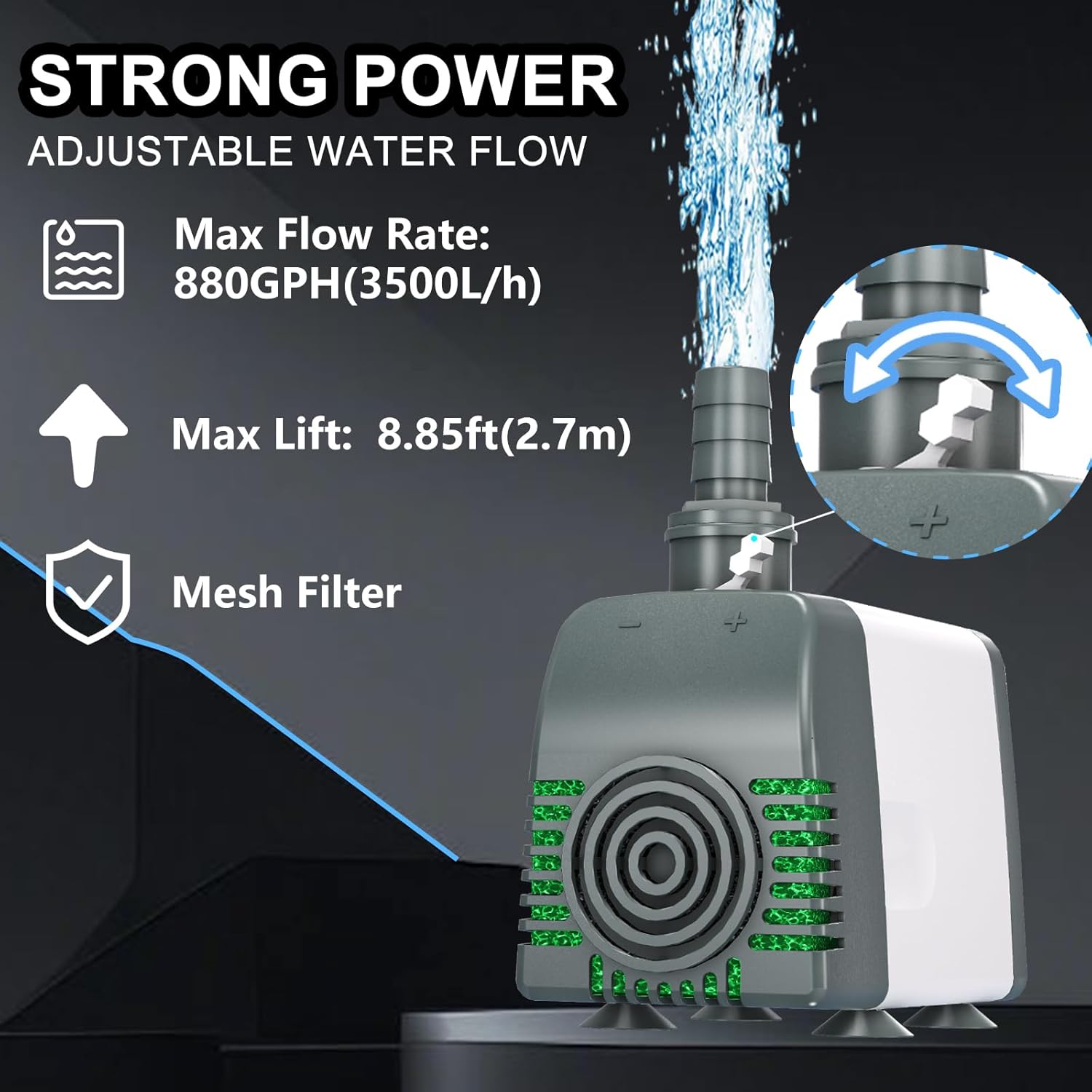 880GPH High-Efficiency Submersible Water Pump,Ultra-Quiet Design for Fountains, Ponds, Aquariums, Hydroponics & Outdoor/Indoor Use.