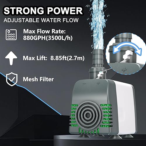 Miniatura 2 de Bomba de agua sumergible de alta eficiencia de 880 GPH, diseño ultra silencioso para fuentes, estanques, acuarios, hidroponía y uso en