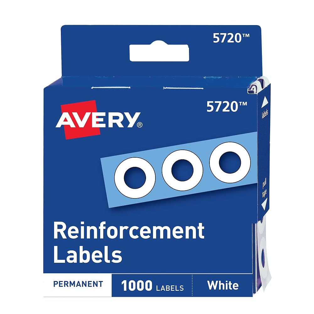 Avery® Self-Adhesive Hole Reinforcement Stickers, 1/4" Diameter Hole Punch Reinforcement Labels, White, Non-Printable, 1,000 Labels Total (5720)