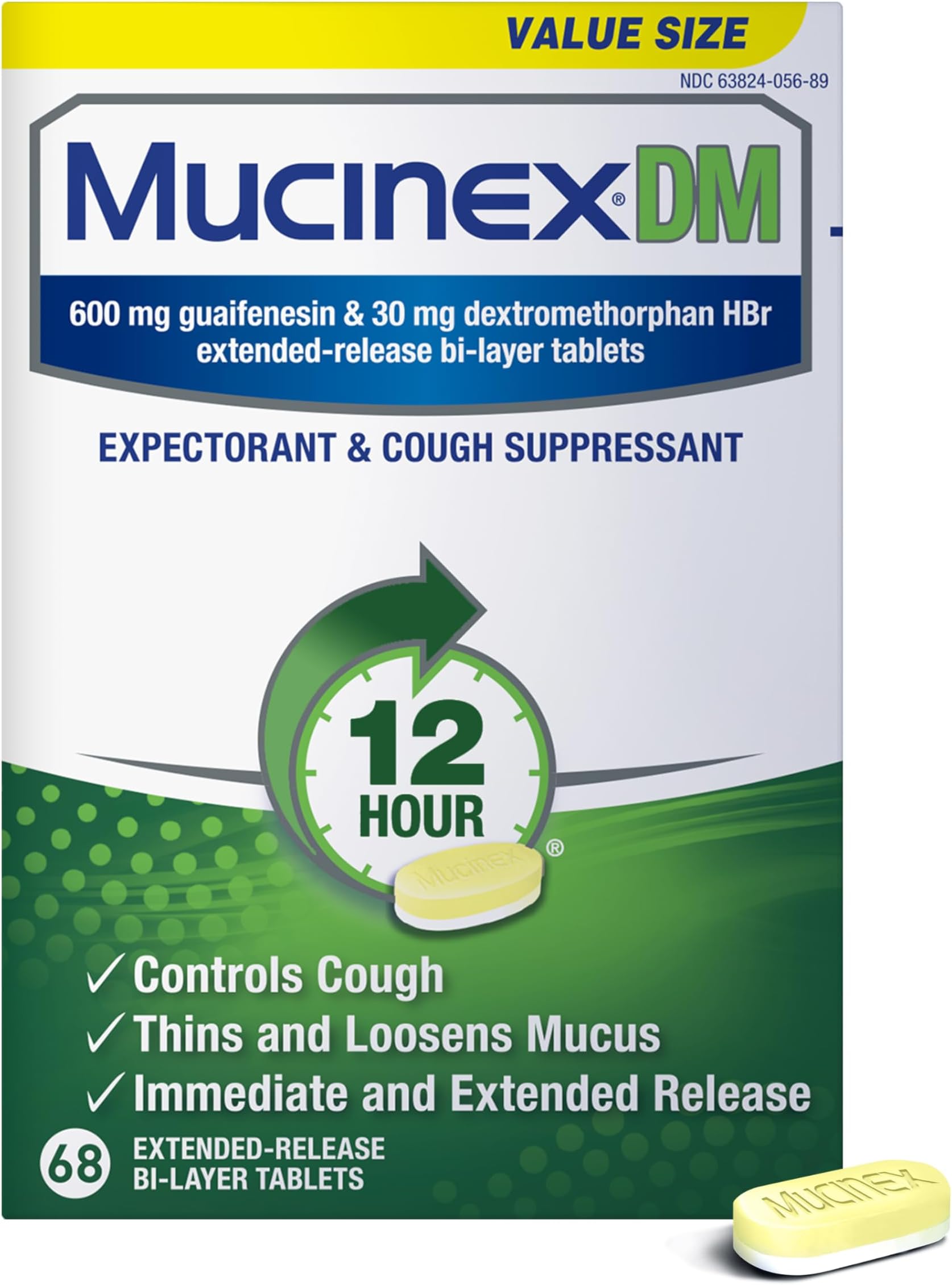 DM 12Hr Chest Congestion & Cough Medicine For Adults, Cold And Cough Medicine for Excess Mucus Relief, 600 mg Guaifenesin & 30 mg Dextromethorphan HBr, 68 Bi-Layer Tablets