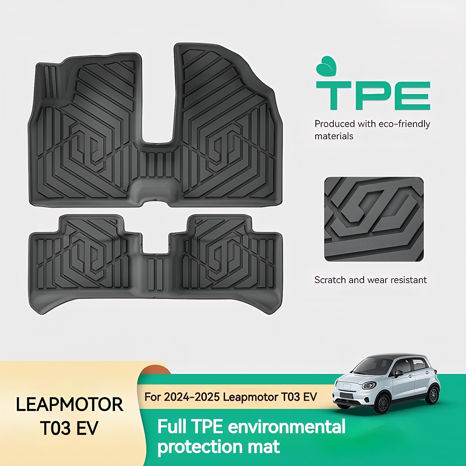 JULIK TPE Fußmatten Kofferraummatte Set für Leapmotor T03 2024–2025 Passgenaue 3D Allwetter Automatten Wasserdicht Geruchlos mit Seitenschutz Schwarz LHD