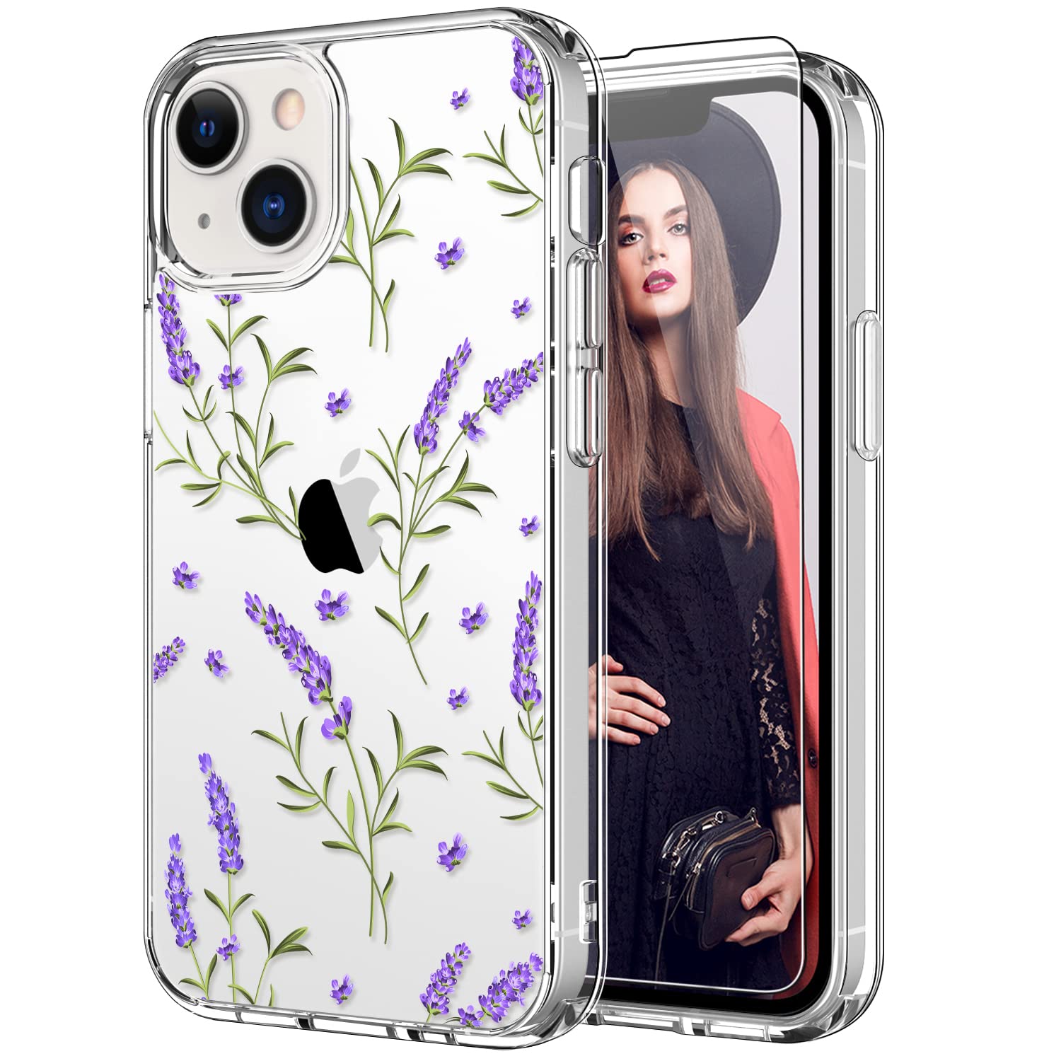 ICEDIOICEDIO iPhone IC Case with Screen Protector,Slim Fit Crystal Clear Cover with Fashion Designs for Girls Women,Durable Protective Phone Case for iPhone IC 6.1" Purple Lavender Floral