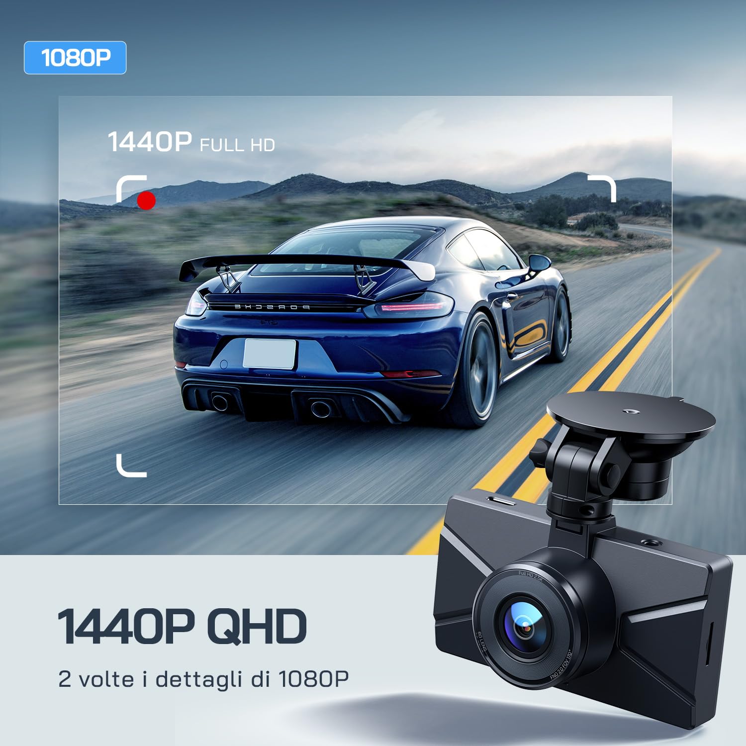 WOLFANG 2.5K Doppia Dash Cam Auto, Dash Camera IPS 3" con Grandangolo, 1440P+1080P FHD Telecamera, Visione Notturna,G-Sensor, WDR, Monitor di Parcheggio, Registrazione in Loop