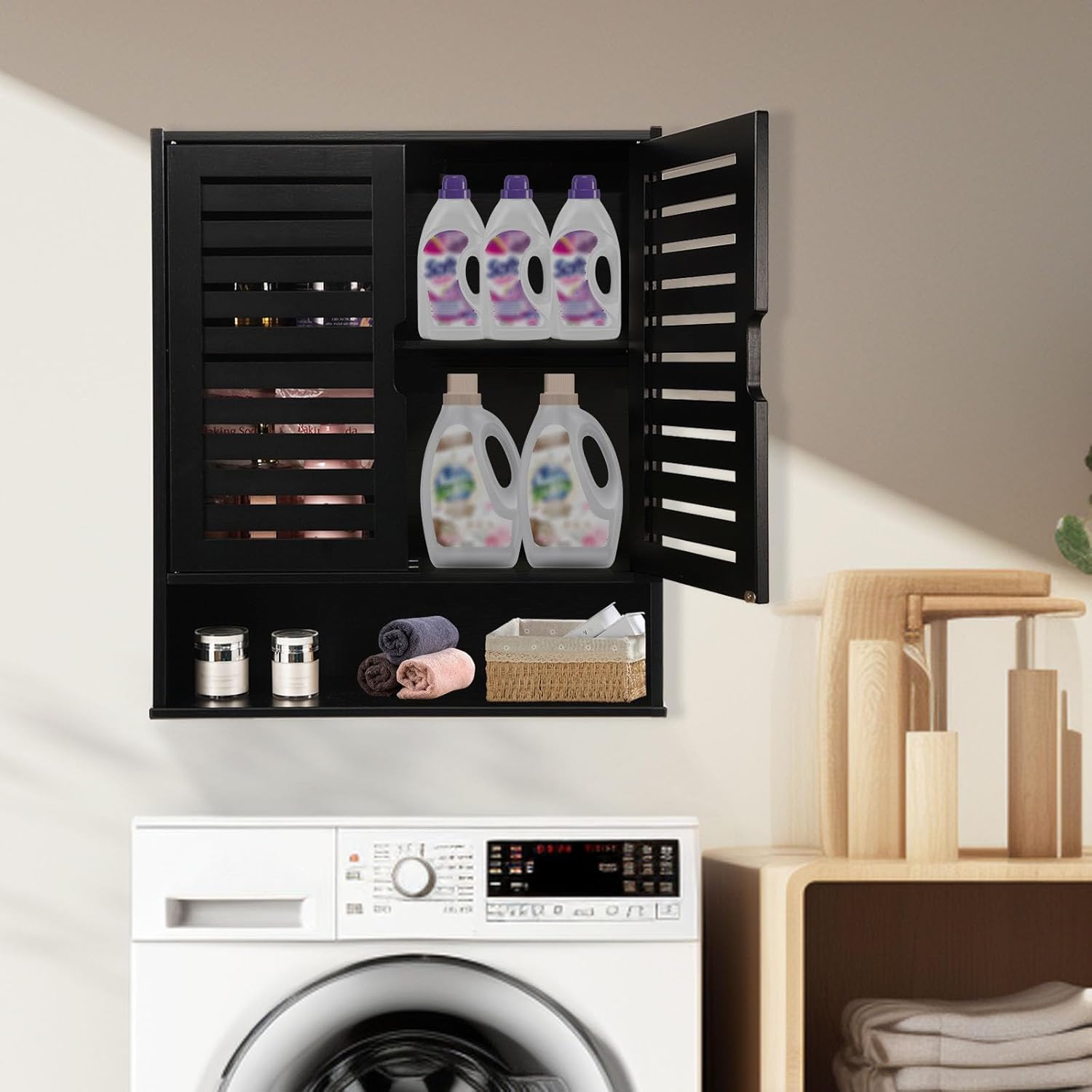 HYNAWIN Black Wall Mounted Bathroom Storage Cabinet with Shutter Doors, Adjustable Shelf, Magnetic Lock & Open Shelf for Kitchen, Living Room, or Entryway