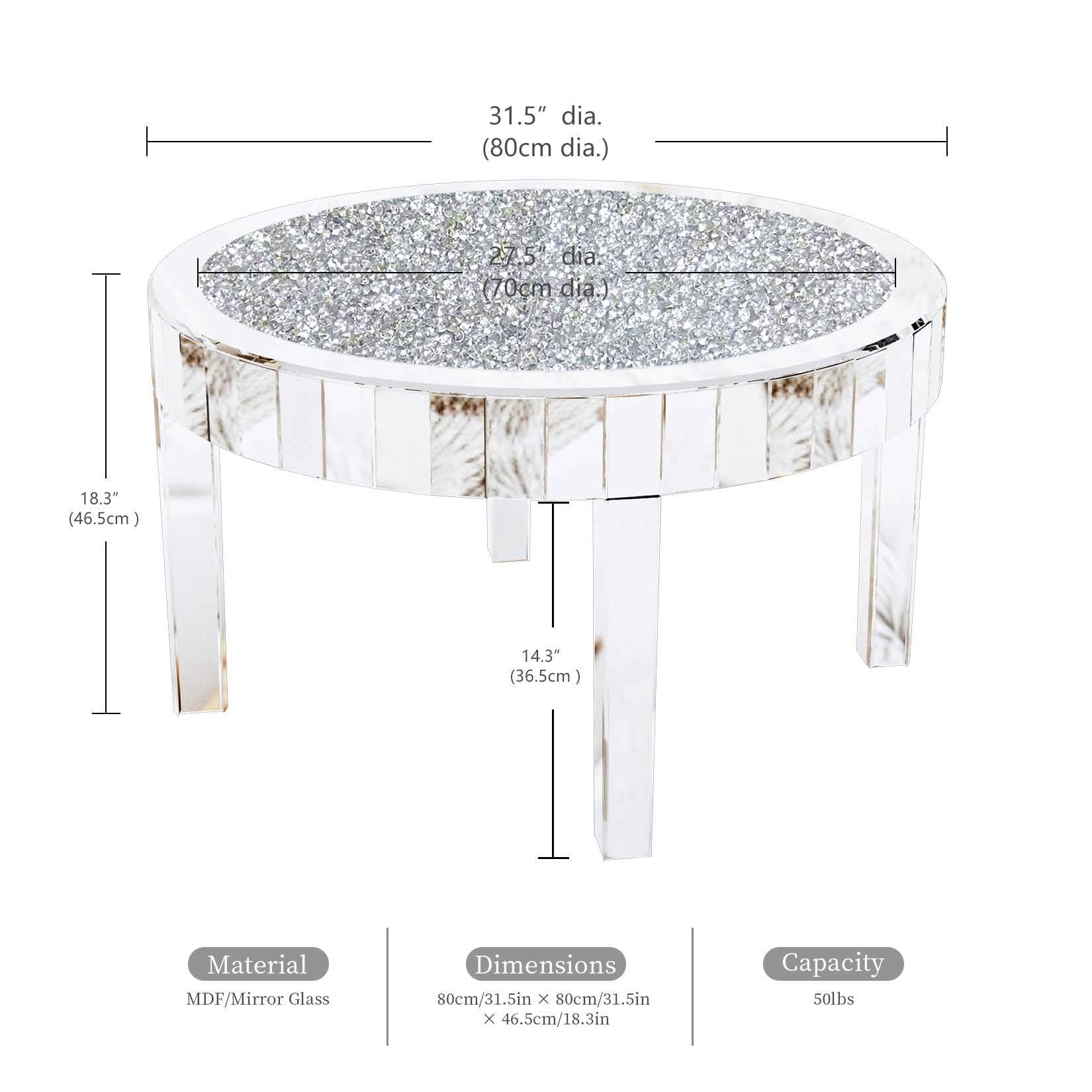 Mesa de Centro Redonda de Espejo y Diamantes: Mesa Cafe Baja Barroca Plateada Brillante Decorativas para Sofá Salón Habitacón Oficina 80x80x46cm