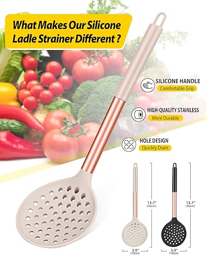 Miniatura 9 de Kitchen Ladle Strainer Set of 2 Large Slotted Spoon with High Heat Resistant BPA Free Non Stick Cooking Skimmers For Draining & Frying (Black and