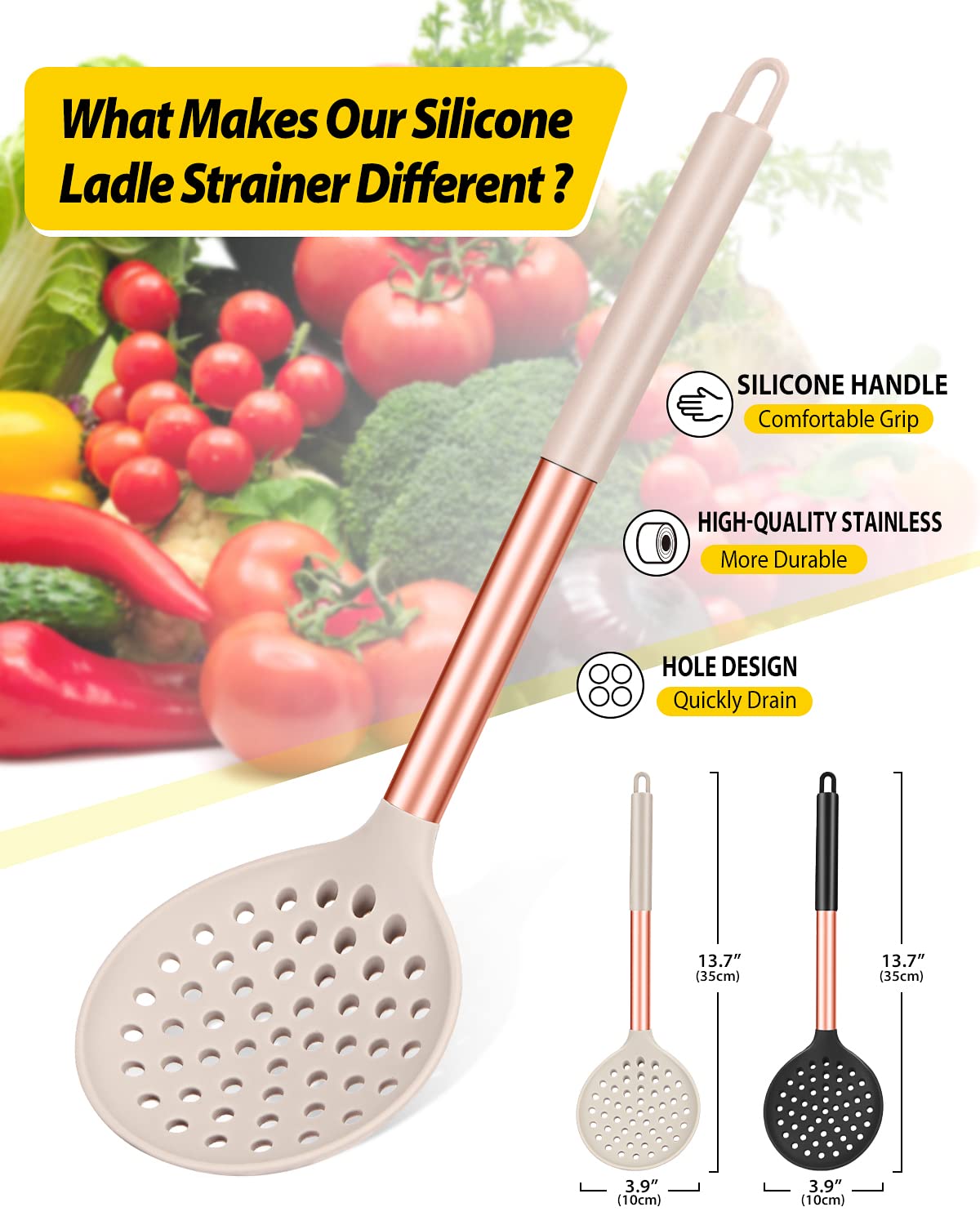 Kitchen Ladle Strainer Set of 2 Large Slotted Spoon with High Heat Resistant BPA Free Non Stick Cooking Skimmers For Draining and Frying