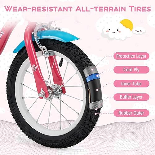 Miniatura 6 de BABY JOY Bicicleta para niños, 12, 14, 16, 18 pulgadas, con ruedas de entrenamiento desmontables, cesta de almacenamiento, asiento ajustable y