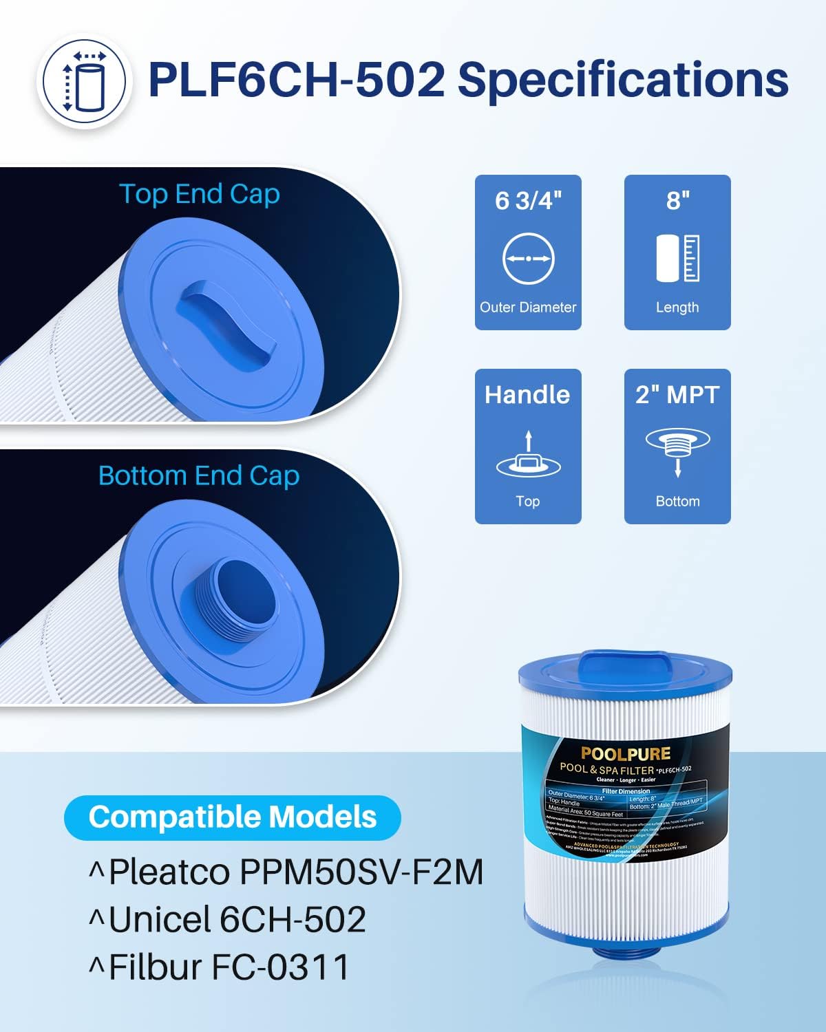 POOLPURE PAS50SV-F2M Spa Filter Replaces Unicel 6CH-502, Filbur FC-0311, Excel Filters XLS-604, Baleen AK-90161, Magnum AR50, Master Deluxe M60506 Hot Tub Filter, 2 Pack - Image 2
