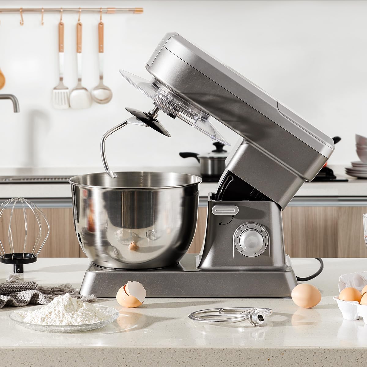 Swiss Pro+ SP-PKM1900S stand mixer with head tilted up and whisk attached