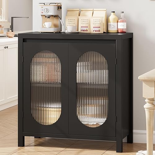Miniatura 3 de GAOMON Gabinete de almacenamiento retro, gabinete de buffet de 30.1 pulgadas con puertas de vidrio estriado, estación de almacenamiento de barra de