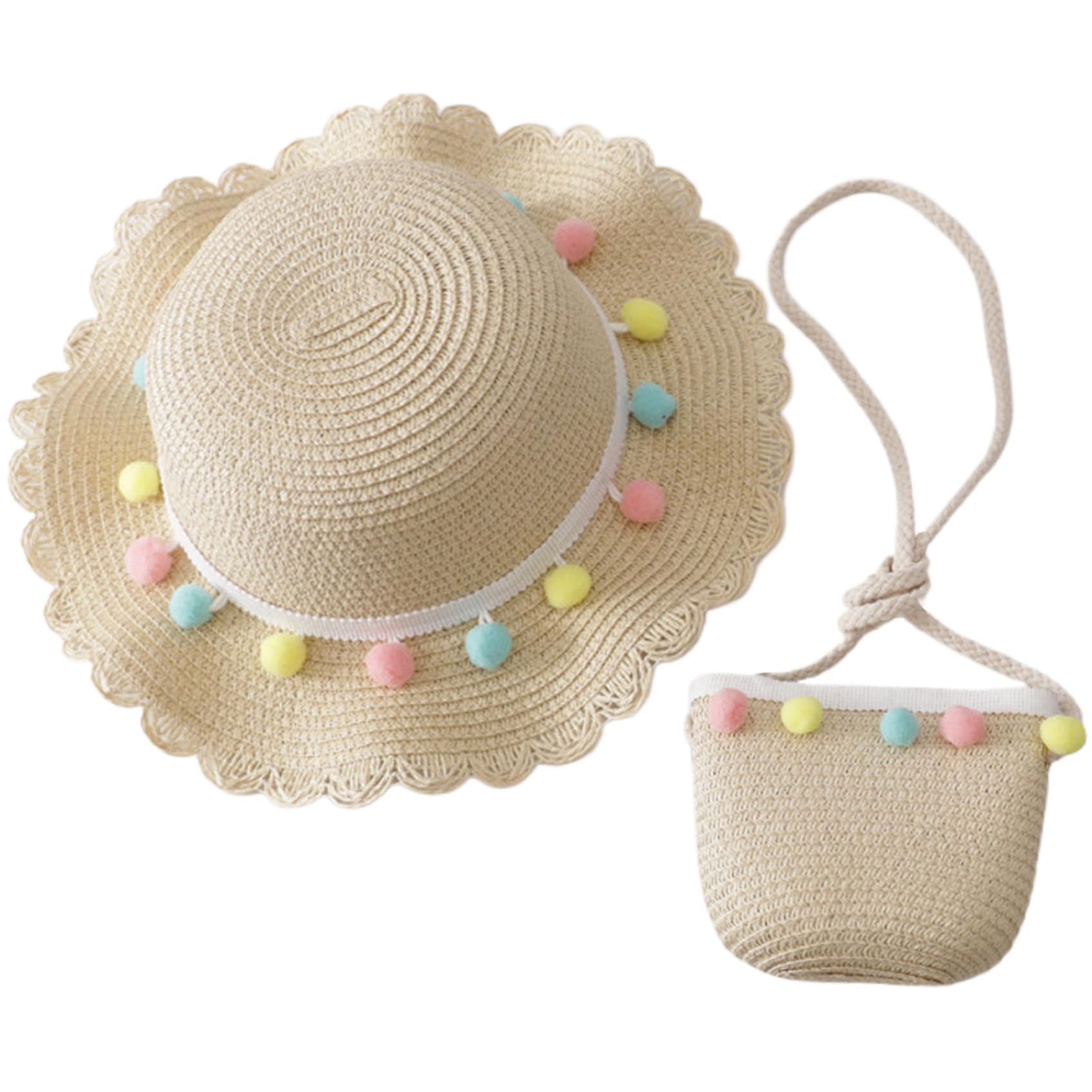 Dorccsi Sombrero De Paja para NiñOs Y Bolso De Paja para NiñAs 2 Piezas/Set Summer Beach Sombrero De Pecho De Paja Borre Bead Beach con Traje De Bolso De Hombro para NiñAs De 2-5