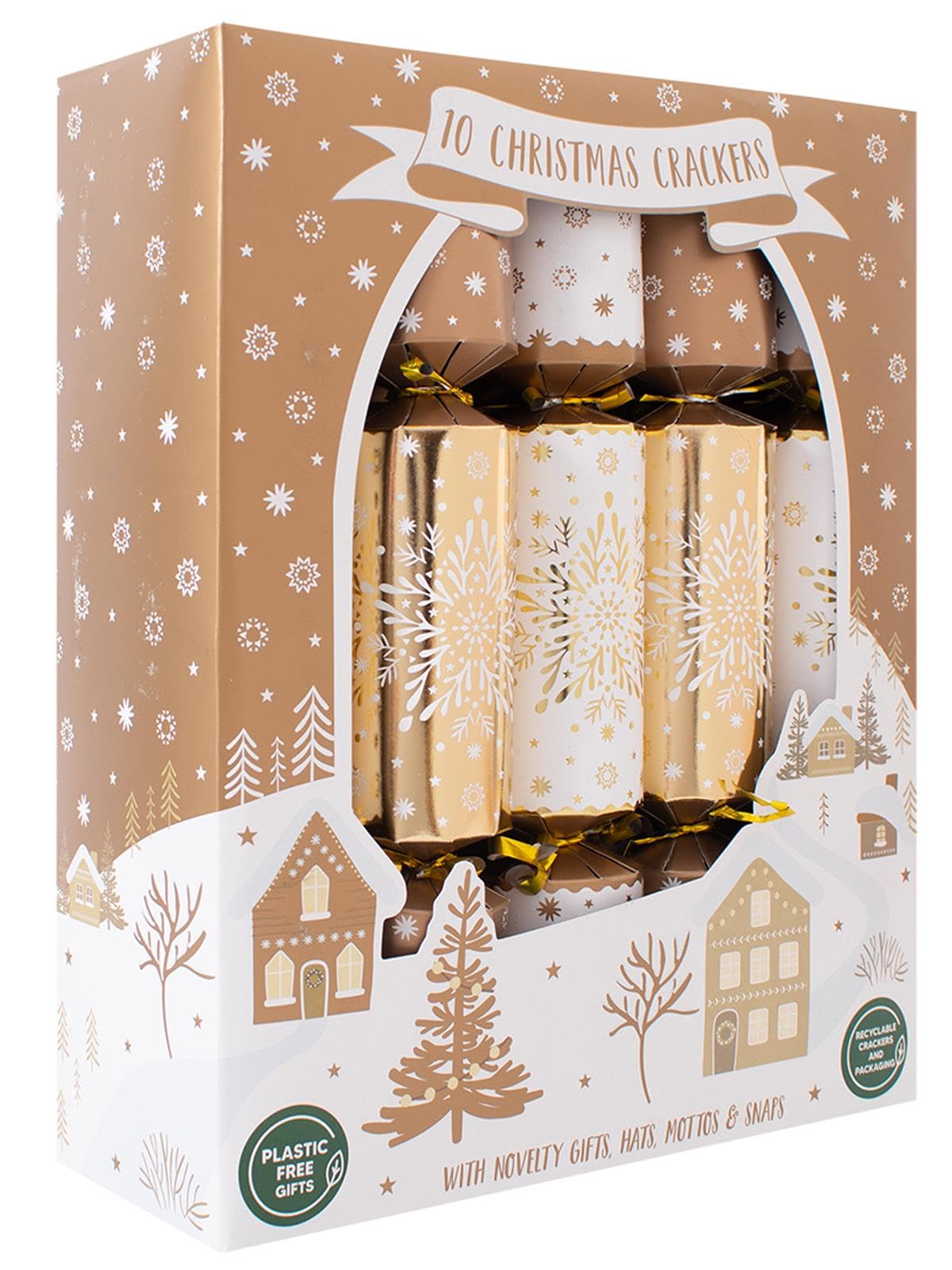 RSW Box 10 Family Christmas Crackers White & Gold Snowflake Plastic Free Festive Table Decoration