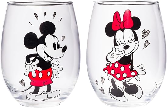 Silver Buffalo Disney Mickey and Minnie Love Halftone Hearts Boxed 2pc Stemless Glass Set, 20 Ounces