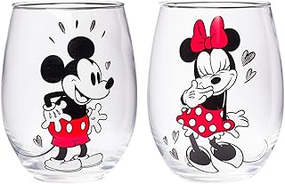 Silver Buffalo Disney Mickey and Minnie Love Halftone Hearts Boxed 2pc Stemless Glass Set, 20 Ounces
