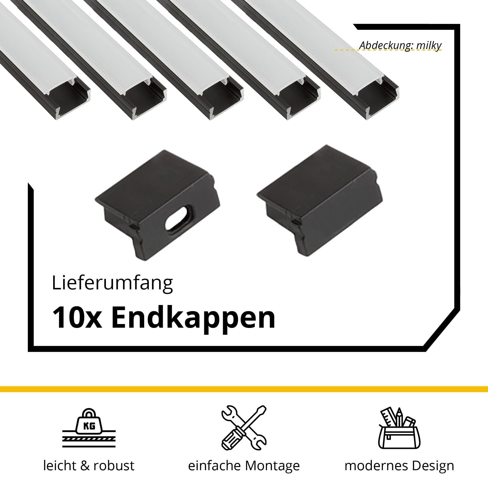 5x A15 LED Profil 2m - Schwarz + Abdeckung milky, Halter & Endkappen