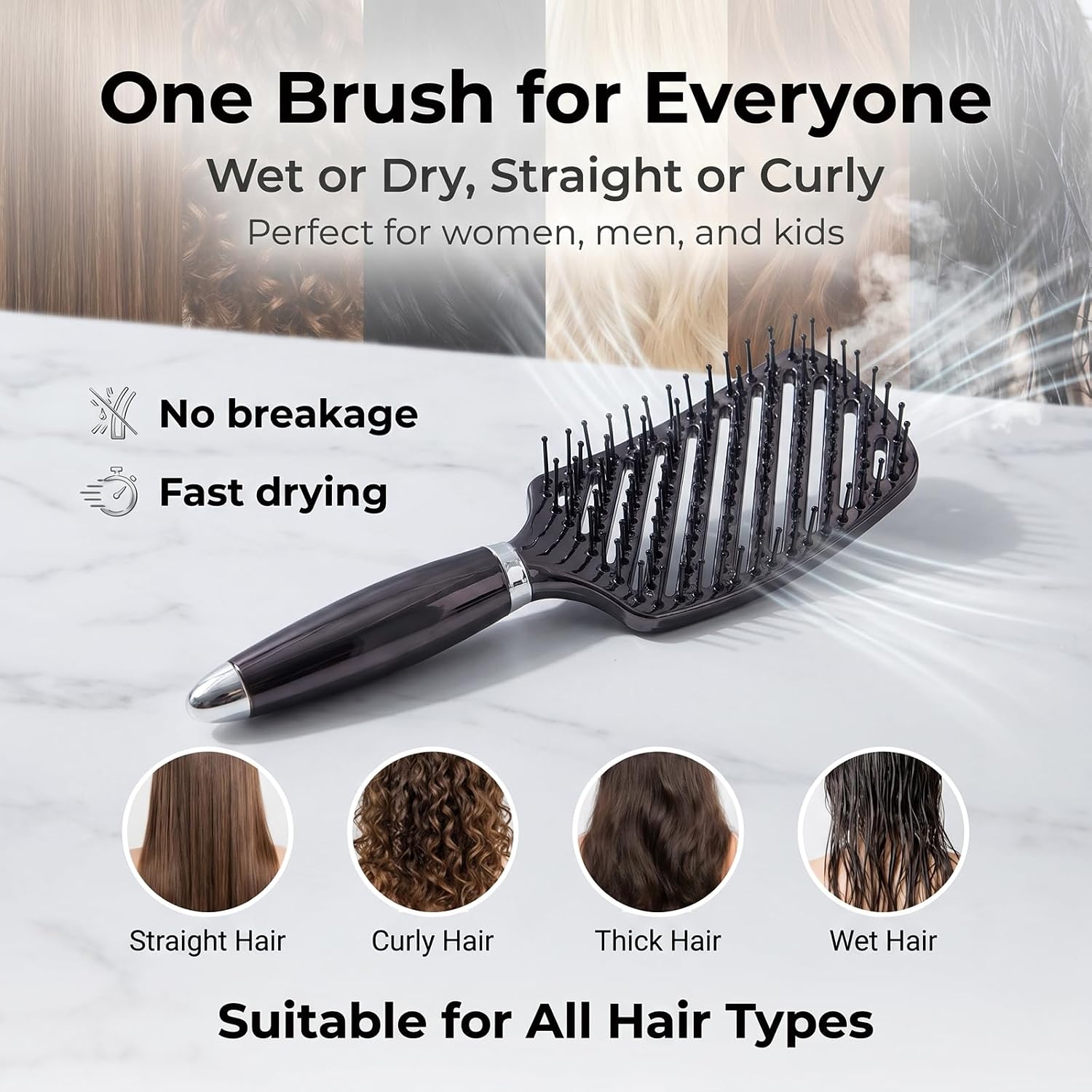 FIXBODY Detangling Brush – No breakage for shinier healthier hair. Ventilated curved paddle brush ideal for wet dry curly thick straight hair. Fast drying detangler for women men kids, Black Grey