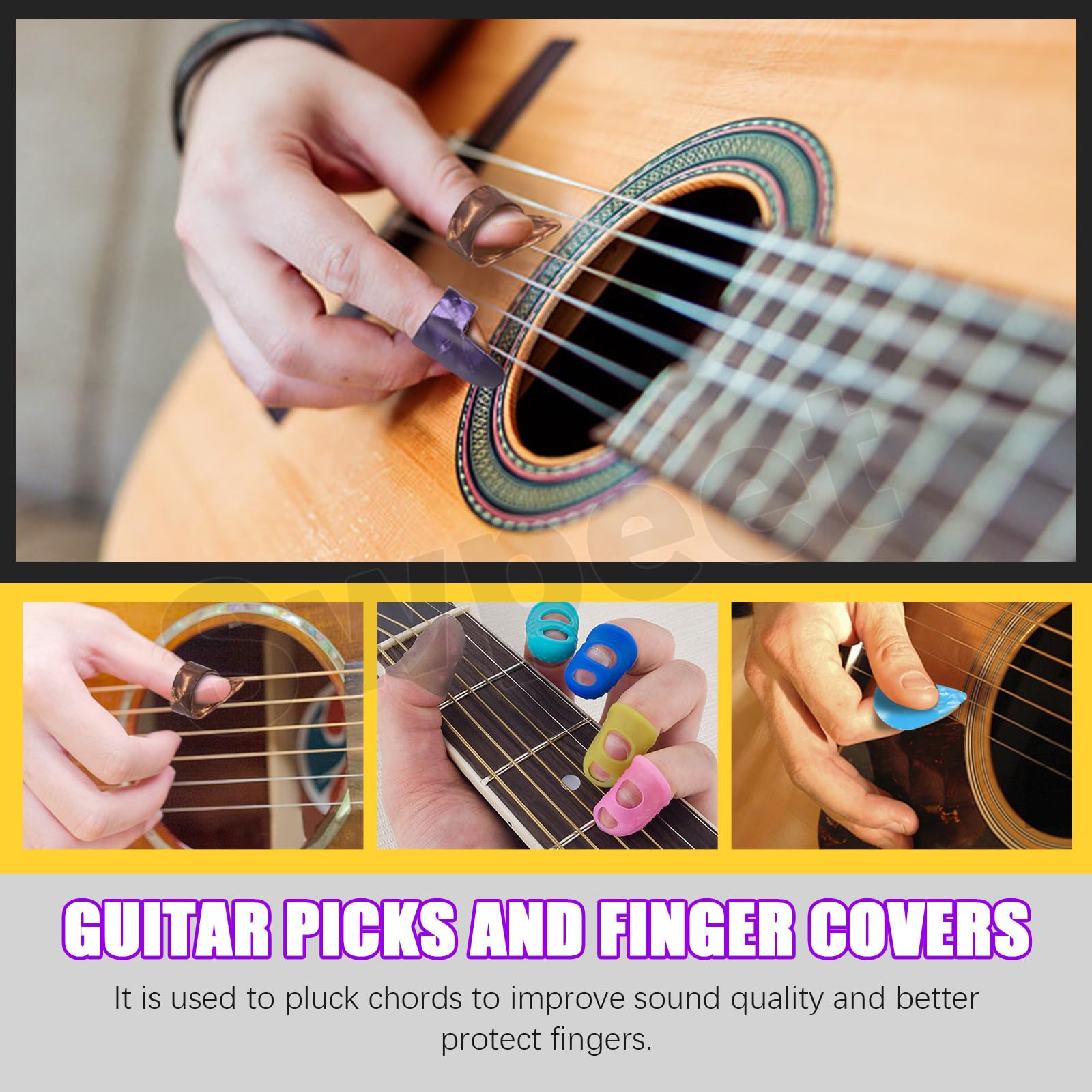 Swpeet 57Pcs Kit de accesorios de guitarra - Incluye Picks, cuerdas, Capo, Cortador de cuerdas, pasadores de puente, Pick Holder, huesos sillín y tuerca, protectores de dedos para guitarristas