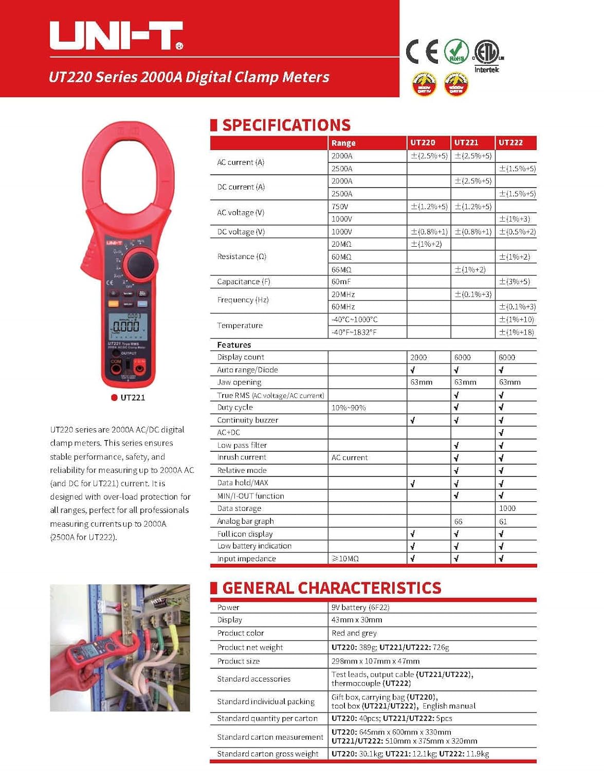 UNI-T Digital Clamp Meter UT220 UT221 UT222 2000A Auto Data Hold Backlight Digital de metros multimetro AC DC Current Meter High Current clamp Meters(UT221)