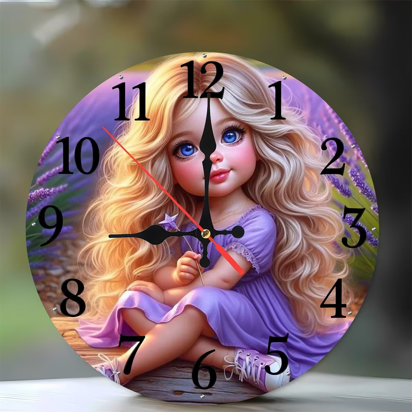 Horloge murale en bois de 35 cm avec motif fillette pour chambre d'enfant