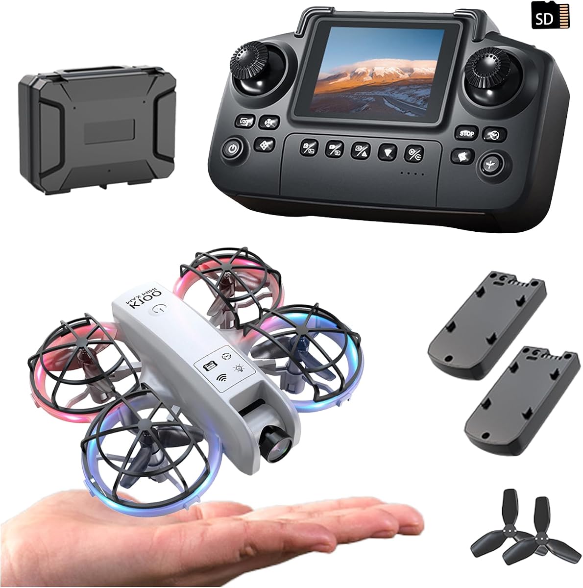 Mini Drone K100, Controlador de Pantalla, 2 Baterías, Apto para Principiantes.