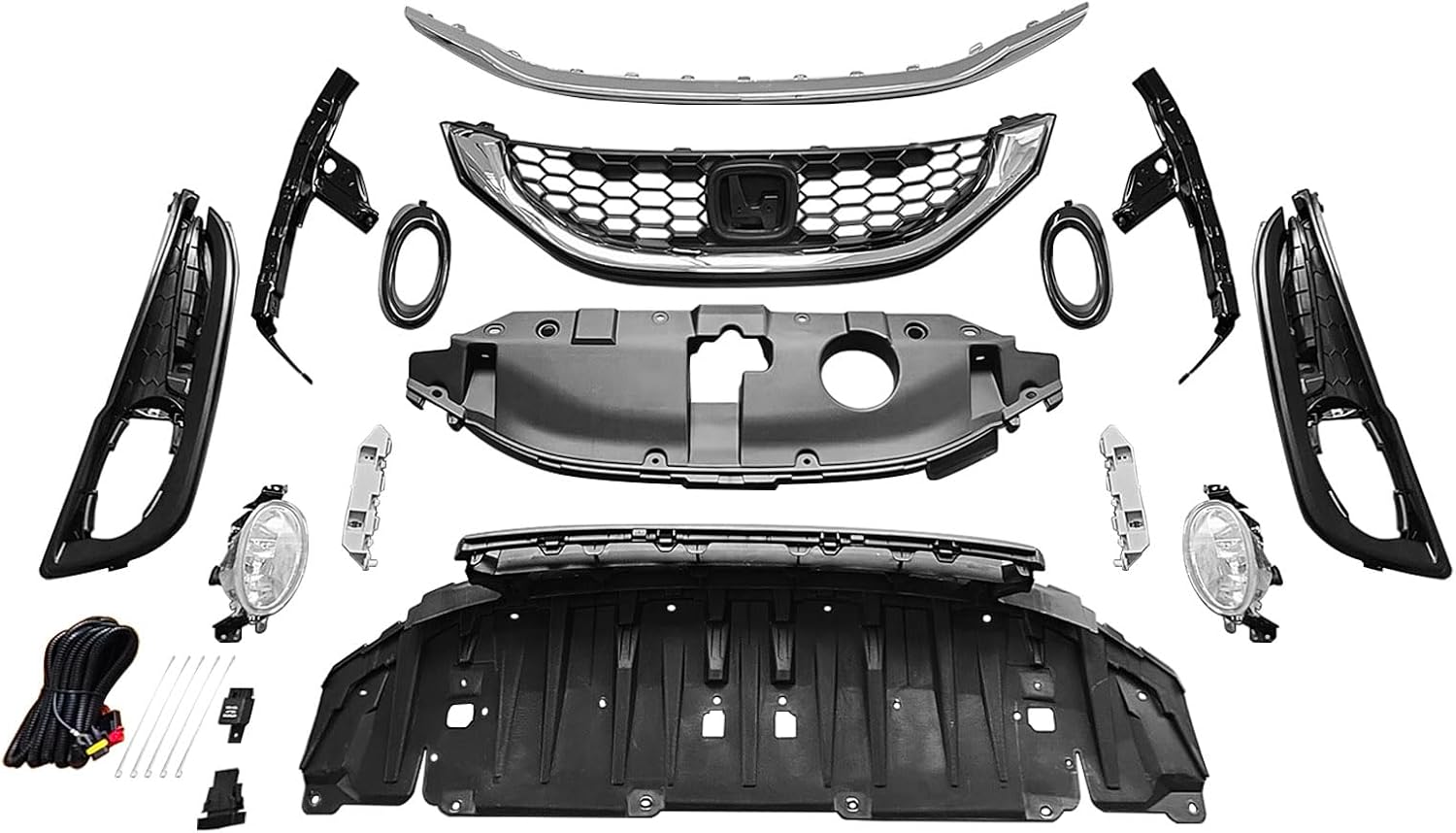 Civic Bumper Set - Front Bumper Grille Kit W/Fog Lamps & Bracket For 2013 2014 2015 Honda Civic Sedan, Don't Fit Hybird