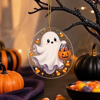 Halloween Acrylic Hanging Ornament，Pendant for Car & Keys/GJ-WSJ-001 | Ghost Holding Pumpkin Bucket Design，Keychain,Car Rearview Mirror Pendant,Backpack Charms,With String,Holiday Decor