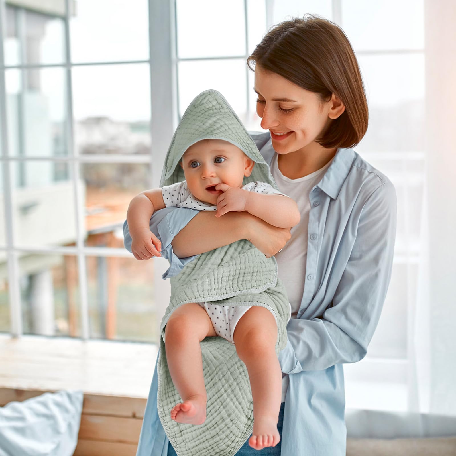 Accmor Paquete de 2 toallas con capucha para bebé, 100% muselina de algodón, toalla de baño para bebés, recién nacidos, bebés y niños pequeños, toalla de baño suave absorbente con capucha, artículos