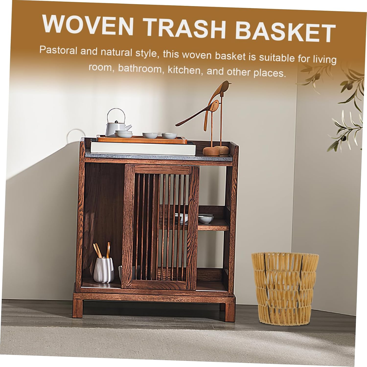 Woven Trash Can for Home Organization Versatile Multipurpose Basket for Laundry Sundries and Waste Sturdy Natural Material Khaki Small