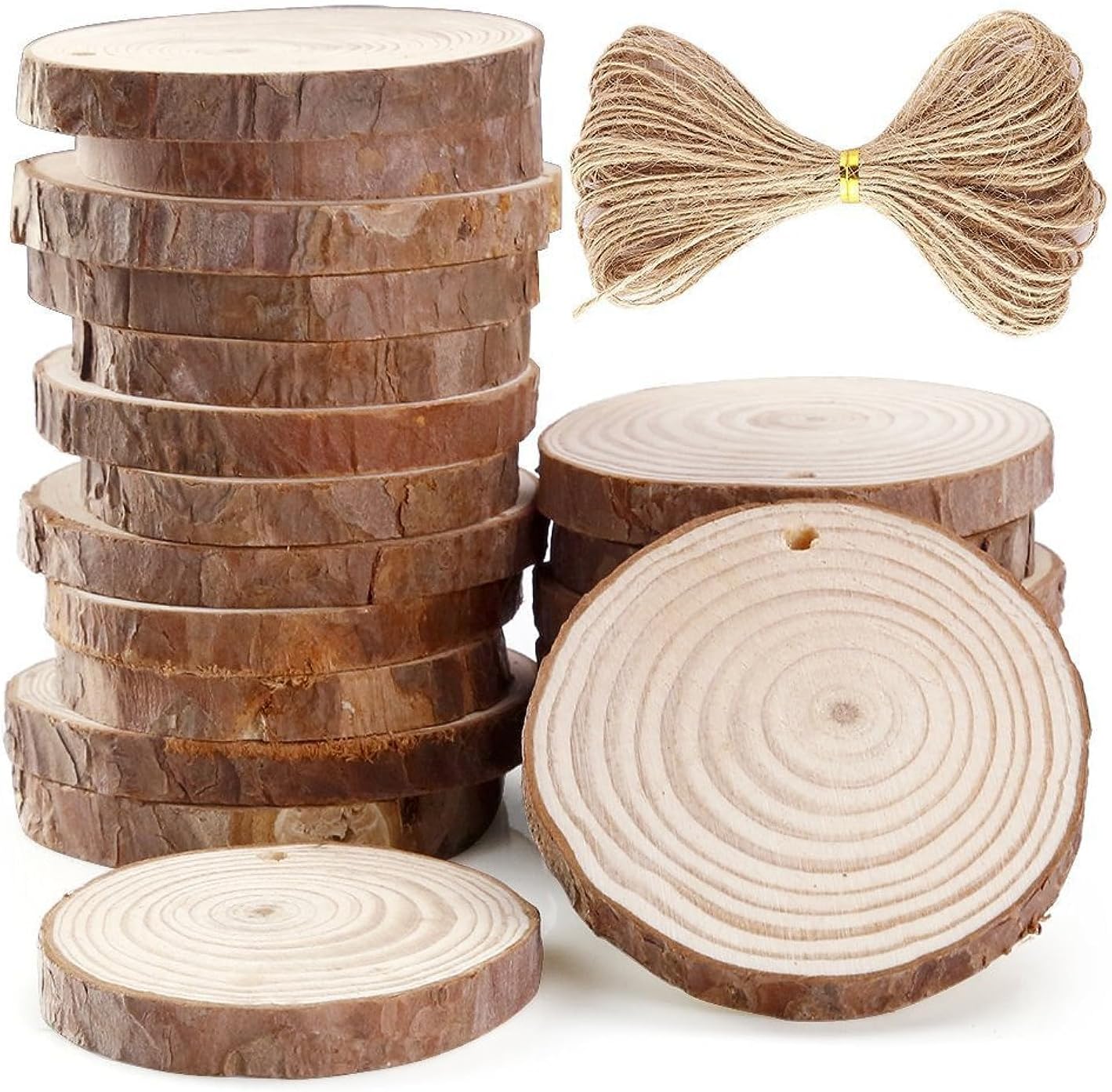 20 Pieces 6-7cm Unfinished Predrilled Wood Slices Round Log Discs With 33 Feet