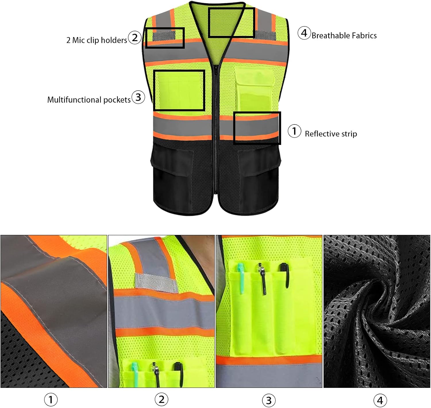 Safety Vest Custom Logo Class 2 Reflective High Visibility Vest With 5 Pockets ＆ Zipper