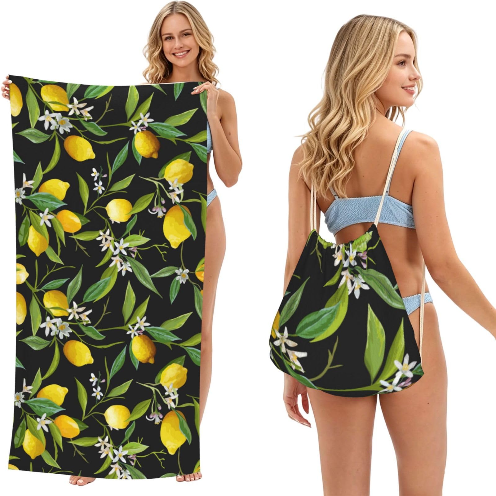 Poadnly As Picture Lemon And Flower, 2 In 1 Packable Towel Bag, Beach Towels With Drawstring Backpack For Travel Holiday Camping